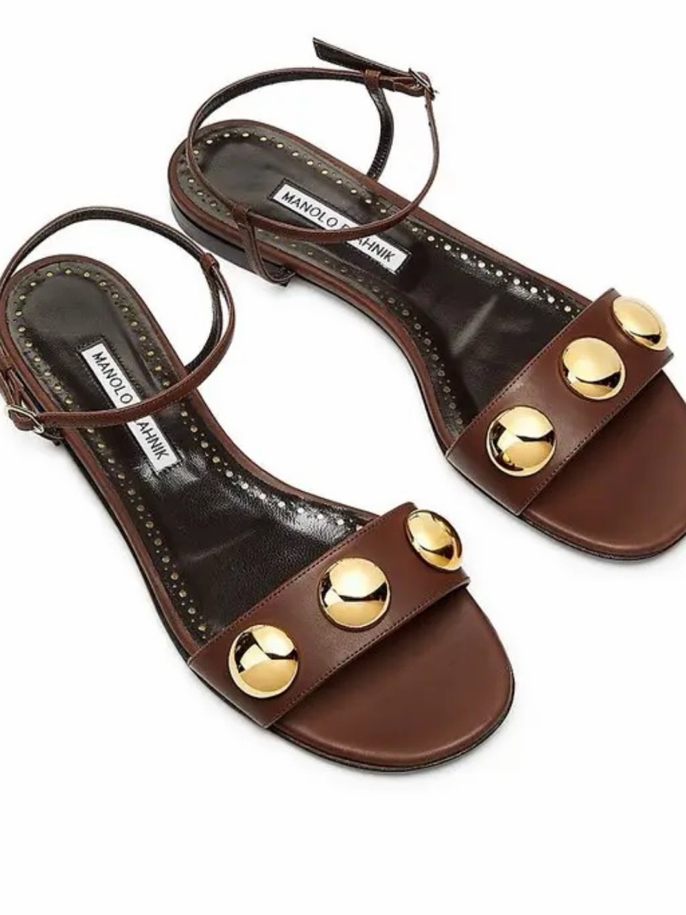 Manolo Blahnik Brown Leather Sandals with Gold Dome Studs